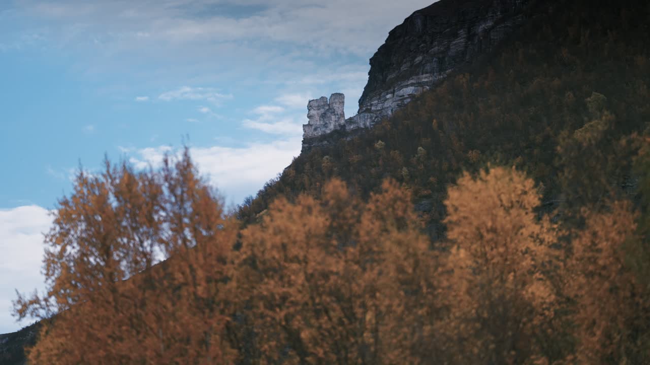 una montaña gris que se eleva sobre el bosque de otoño