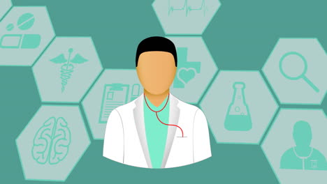 animación del icono del médico sobre los iconos médicos en fondo verde