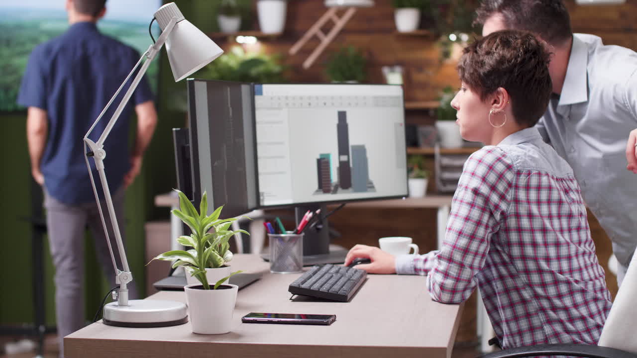Office Scene with Woman and Man at Computer