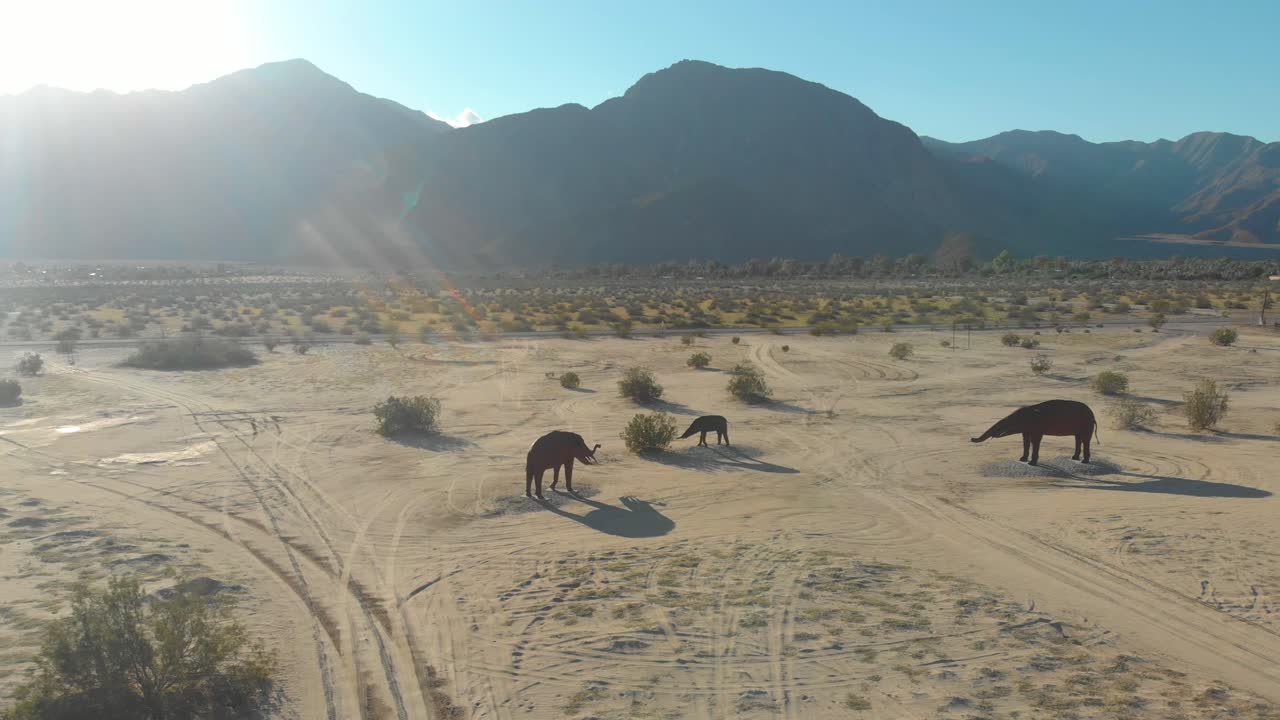 fotografía aérea de una órbita de un grupo de estatuas de elefantes en el medio del desierto rodeado de montañas en un día soleado
