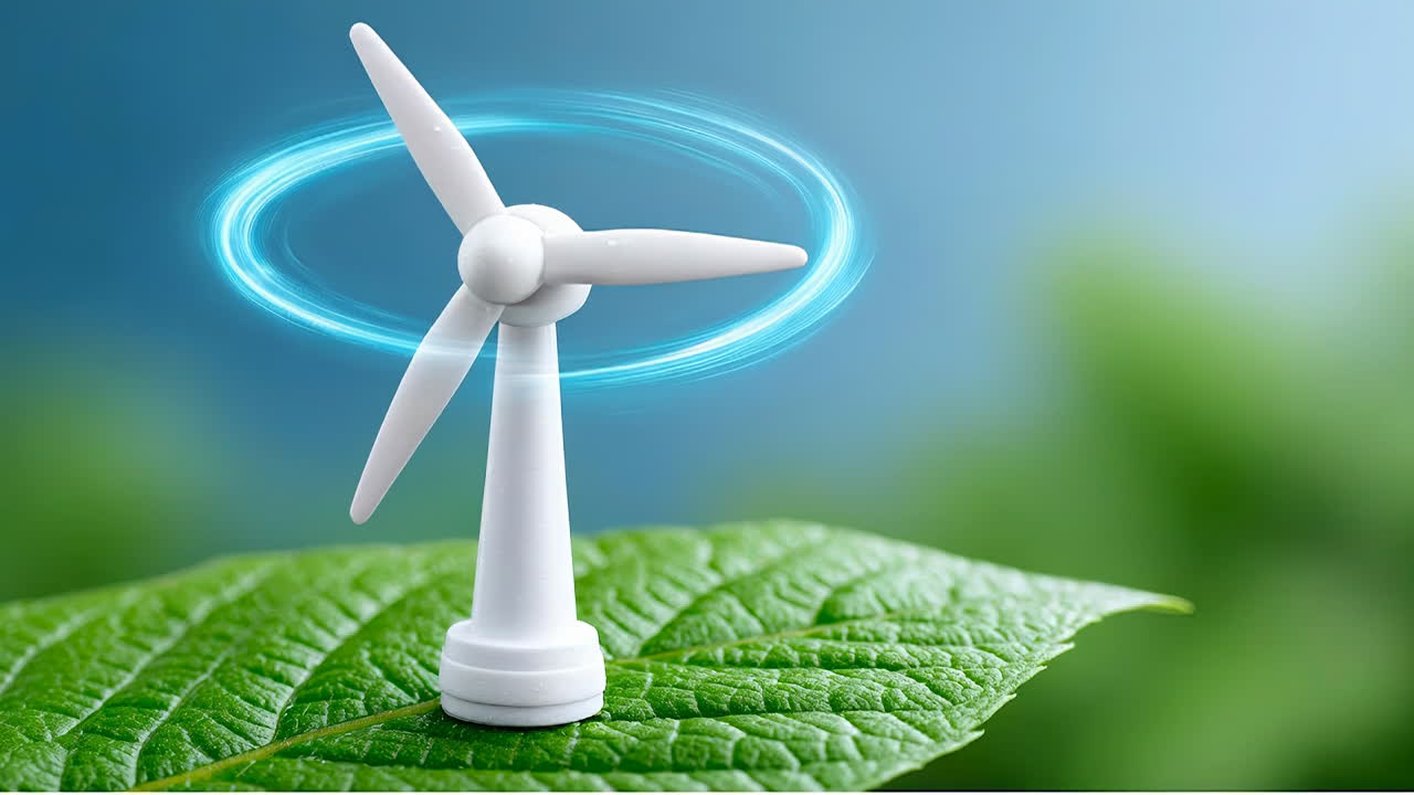 Kleine windturbine op een groen blad. Een kleine windturbine staat op een groen blad tegen een blauwe achtergrond, wat hernieuwbare energie en de natuur laat zien
