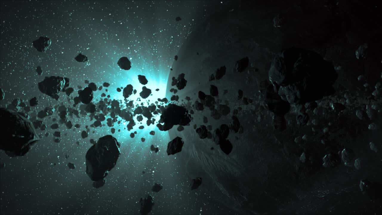 High quality and detailed 3D CGI VFX space scene, looking through an asteroid belt towards a mysterious planet as a blue-green star shines in deep space
