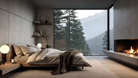 Modern bedroom with minimalist decor, large window view of forested mountains