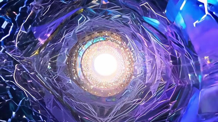 Light travels through a tunnel of rotating crystals, changing colors from blue to purple to gold