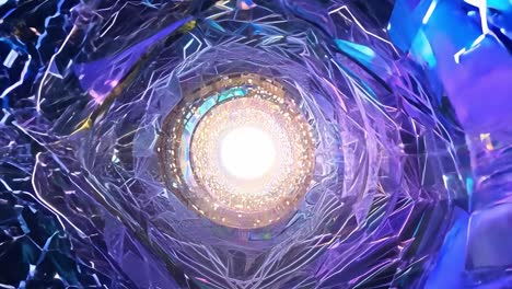 la luz viaja a través de un túnel de cristales giratorios, cambiando de color de azul a púrpura a dorado