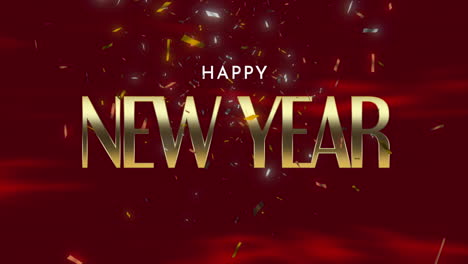 happy new year with flying colorful confetti on red gradient