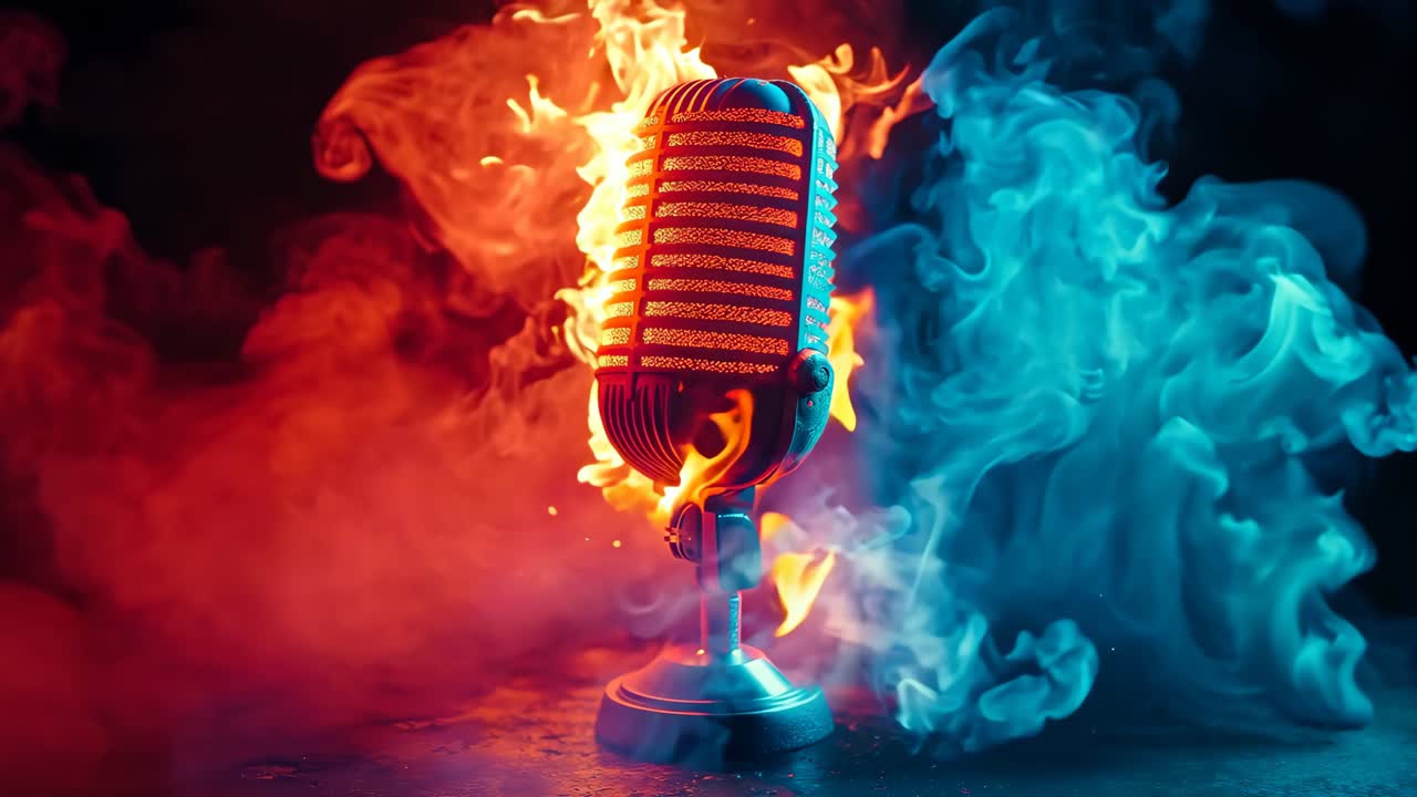 un micrófono rojo en llamas con humo saliendo de él