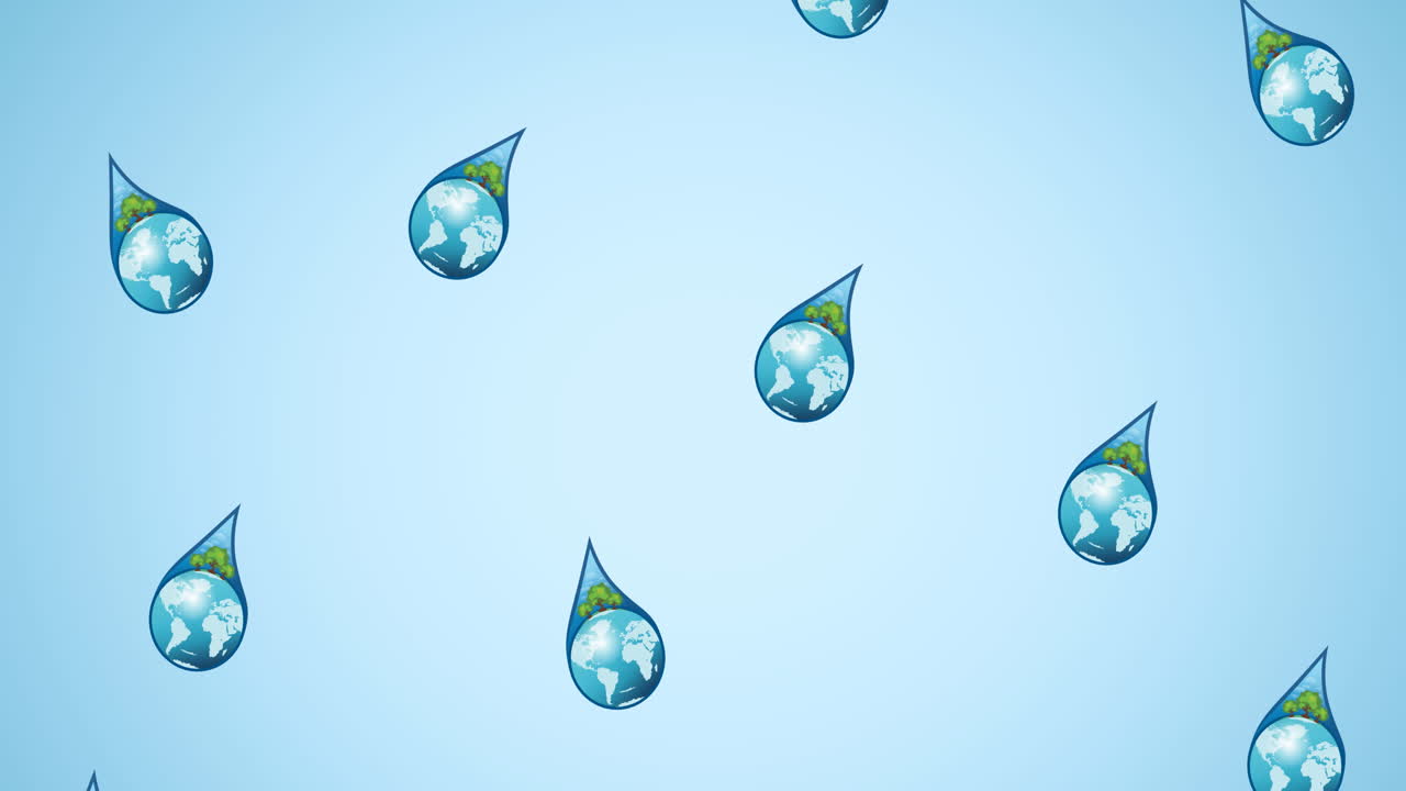 animación de gotas que caen con globos y árboles sobre fondo azul