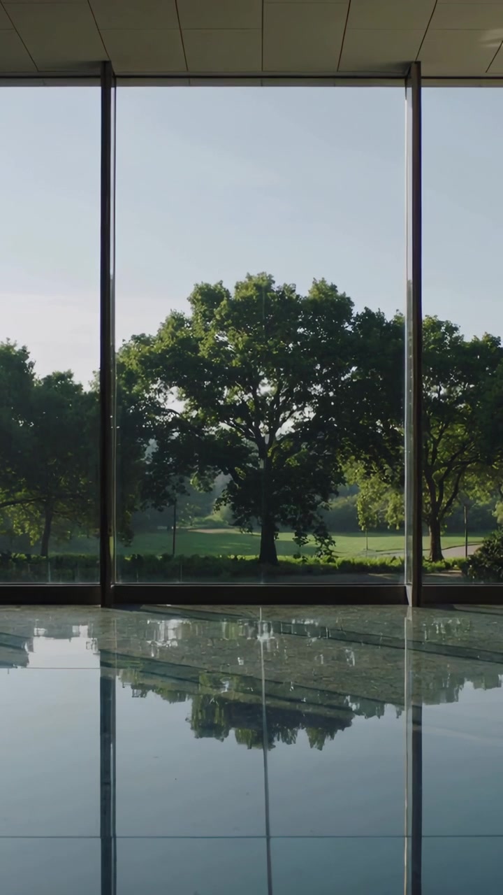 Video vertical: Luz solar cambiante bañando el vestíbulo a través de paneles de vidrio revelando un árbol y un suelo de baldosas brillantes