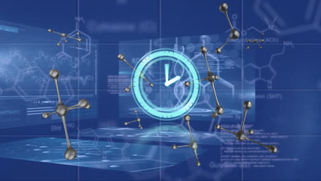 animación de reloj en movimiento y moléculas sobre procesamiento de datos y fórmula química en fondo azul