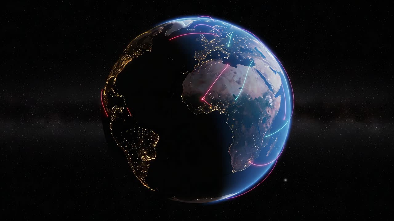 A Stunning Visualization of Earth with Geospatial Connections Highlighted, Showcasing Illuminated Cities and Data Pathways Across Continents in a Cosmic Perspective