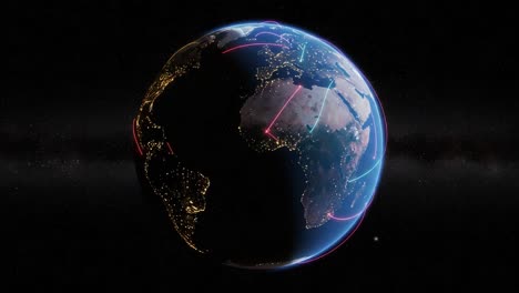 a stunning visualization of earth with geospatial connections highlighted, showcasing illuminated cities and data pathways across continents in a cosmic perspective