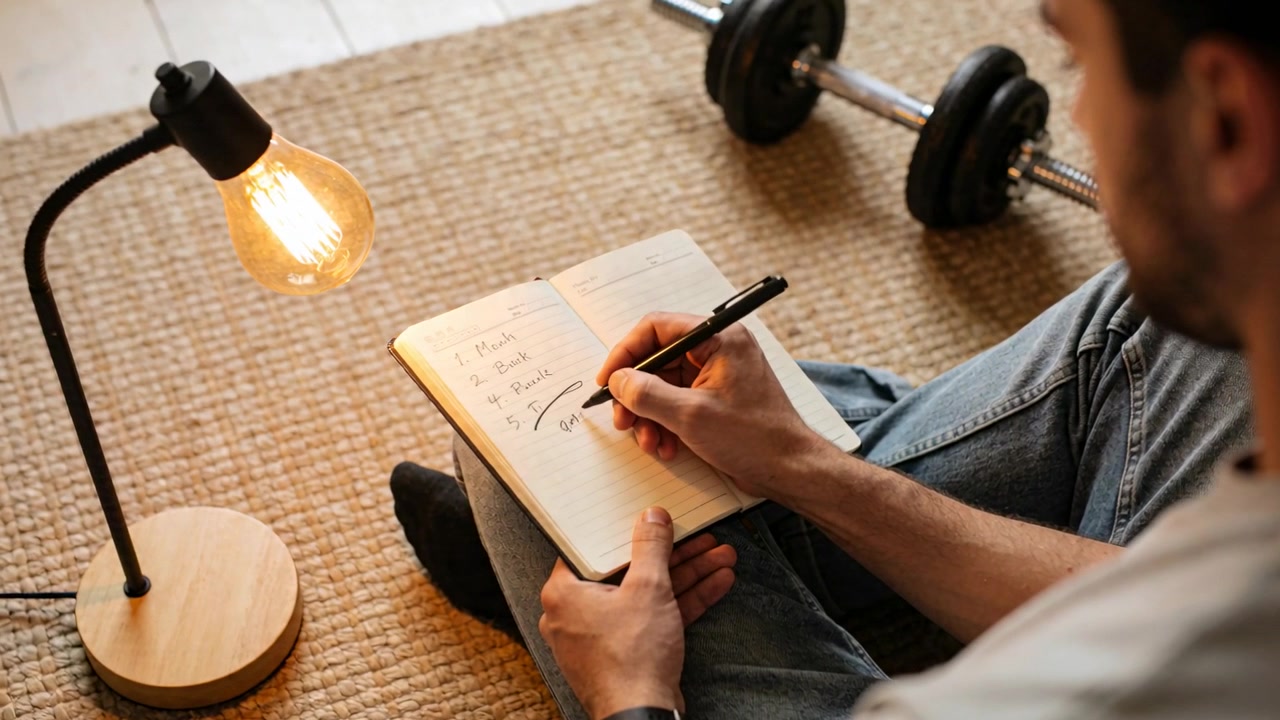 Uomo in jeans che scrive su un taccuino aperto, in pausa per pianificare la routine a casa, con lampada e manubri, spazio per il testo.