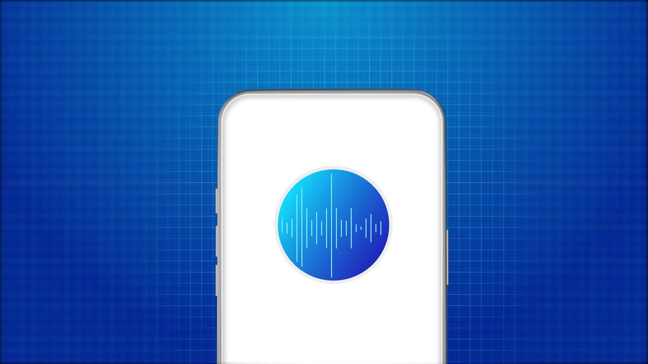 Mockup di telefono con schermo blu per controllo vocale mobile, icona audio circolare, linea d'onda sonora, griglia tecnologica, parlato.