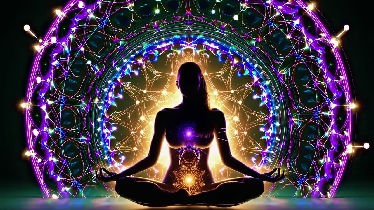Futuristic video concept with a meditative figure in a digital aura