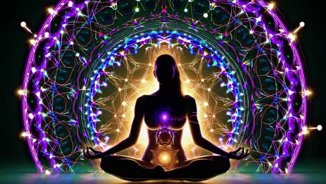 futuristic video concept with a meditative figure in a digital aura