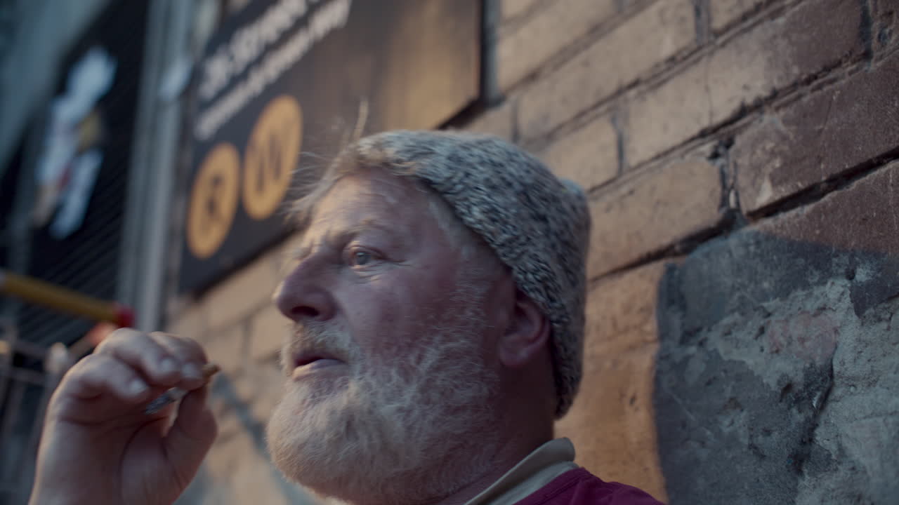 Close Up of Elderly Homeless Man Smoking beside Brick Wall on Street