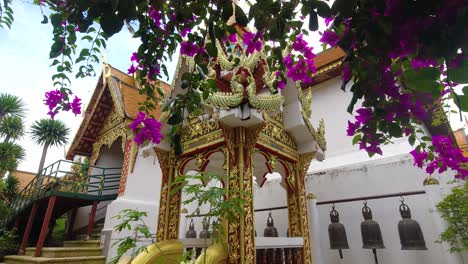 beautiful gold adorned temple behind flowers hanging down from above