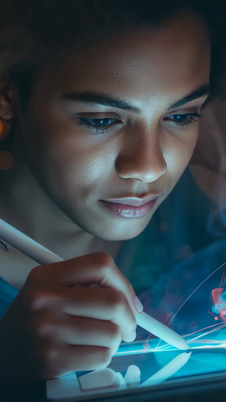 Vertical video: Tapping stylus, student sketching glowing lines on tablet at home to create design