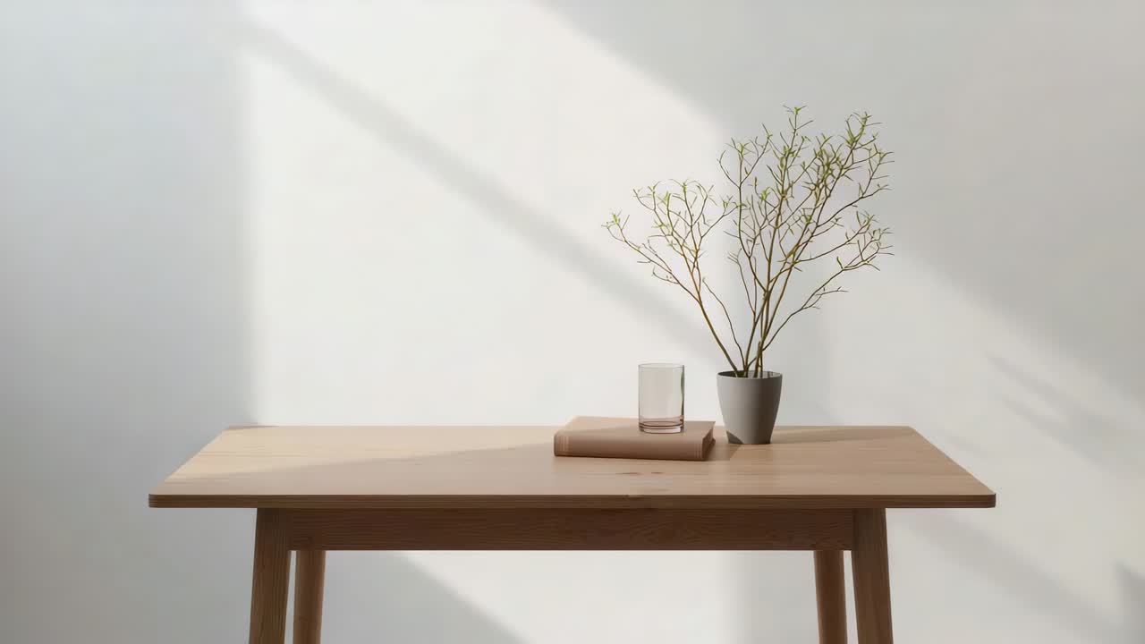 Sun moving behind window casting diagonal light across wood table with potted plant, book, glass