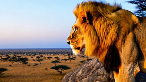 majestic lion overlooking the african savanna at sunset