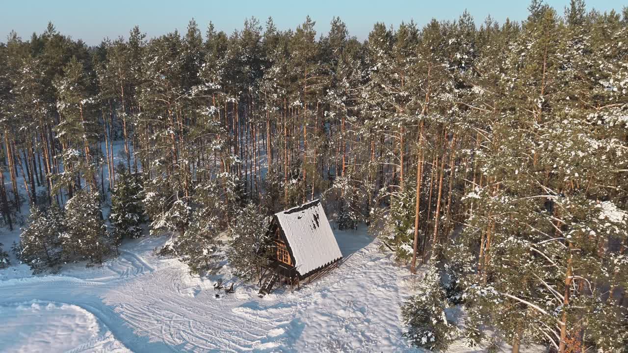 Вид с воздуха на домик на дереве Варена в заснеженном сосновом лесу