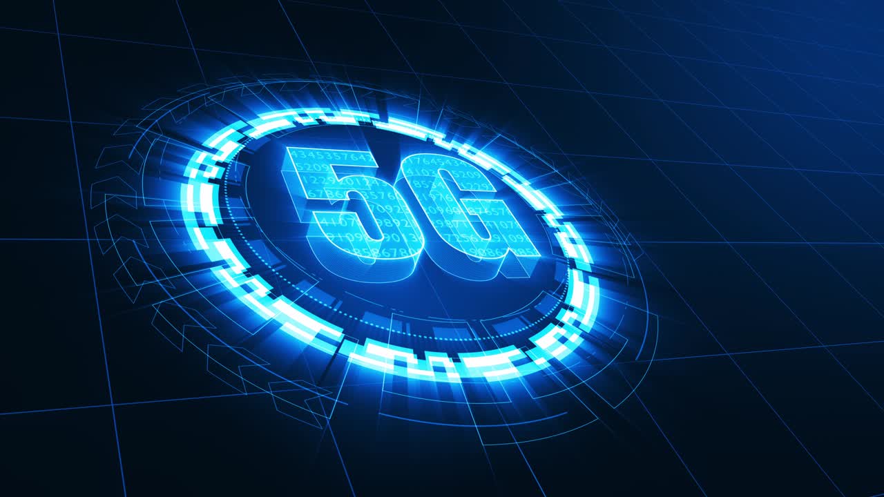 grafica di movimento di blu parola 5g con tecnologia di cerchio di rotazione sfondo astratto
