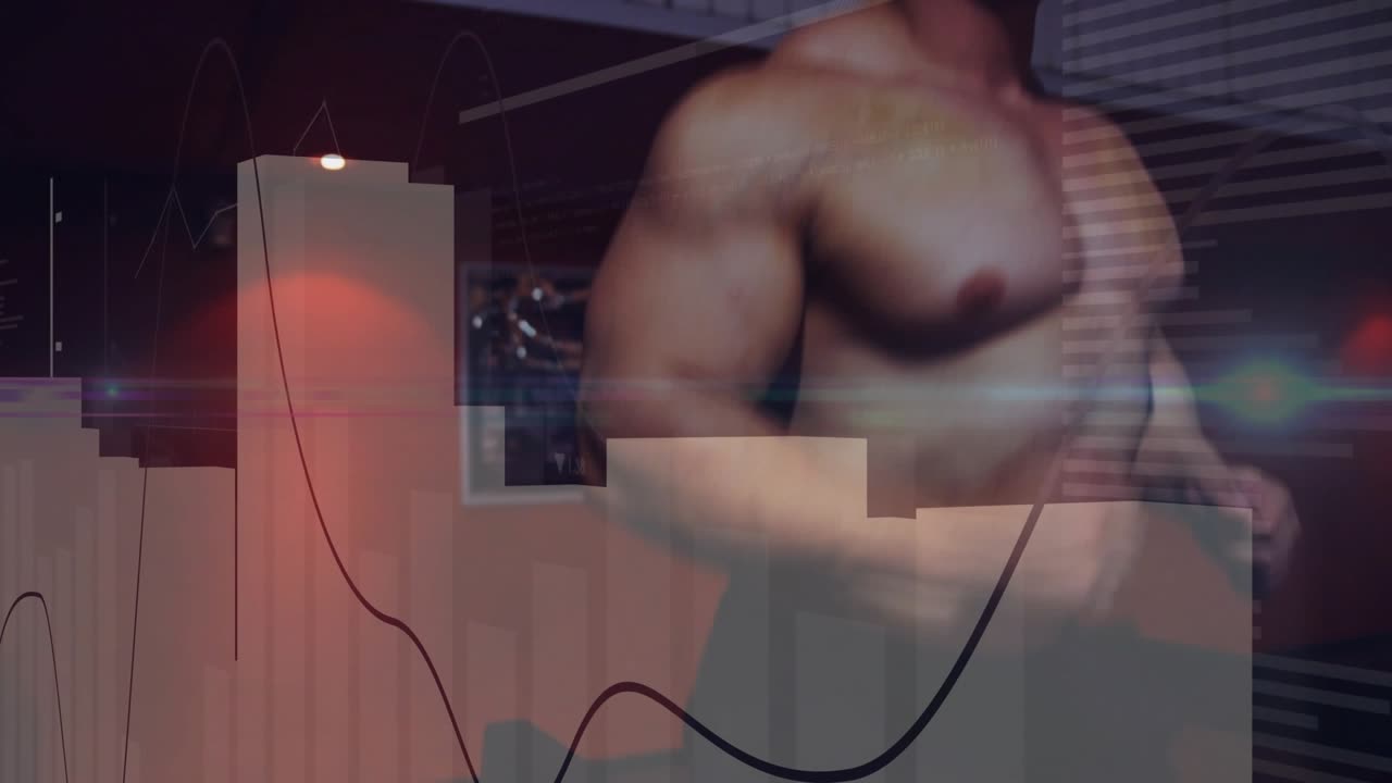 Hand adjusting treadmill controls, man running while animated fitness charts tracking performance