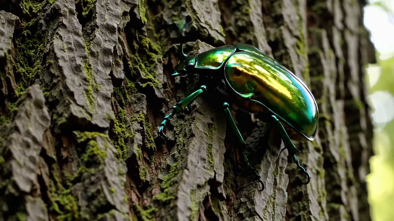 Green Metallic Beetle on Tree Bark