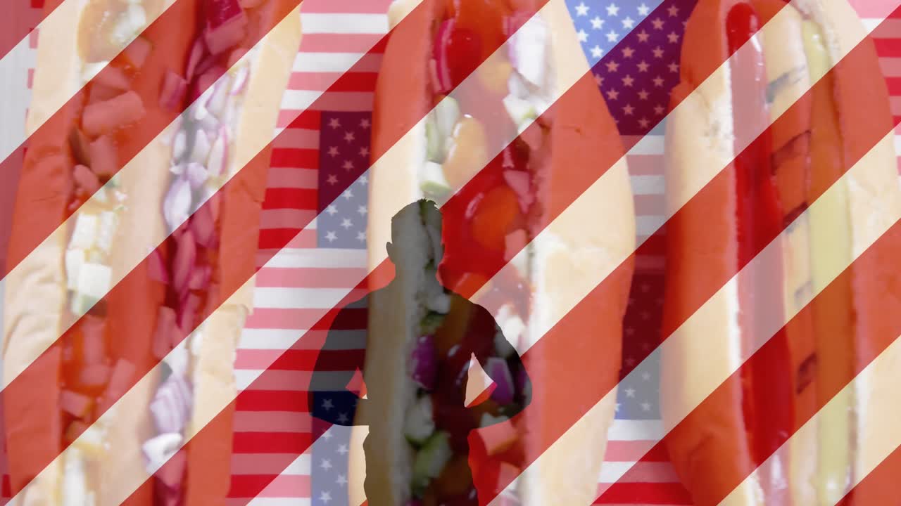 animación de rayas blancas y rojas y silueta humana sobre perritos calientes