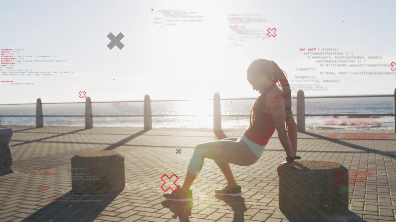 Fit woman training sea from reverse dip, shifting legs for balance, sitting rest, red or gray Xs cod
