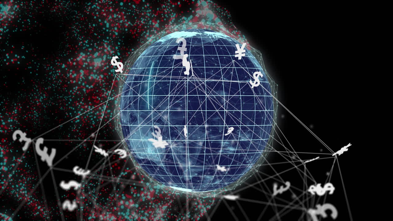 глобальные валютные символы, вращающиеся вокруг цифрового глобуса, анимация финансовой сети