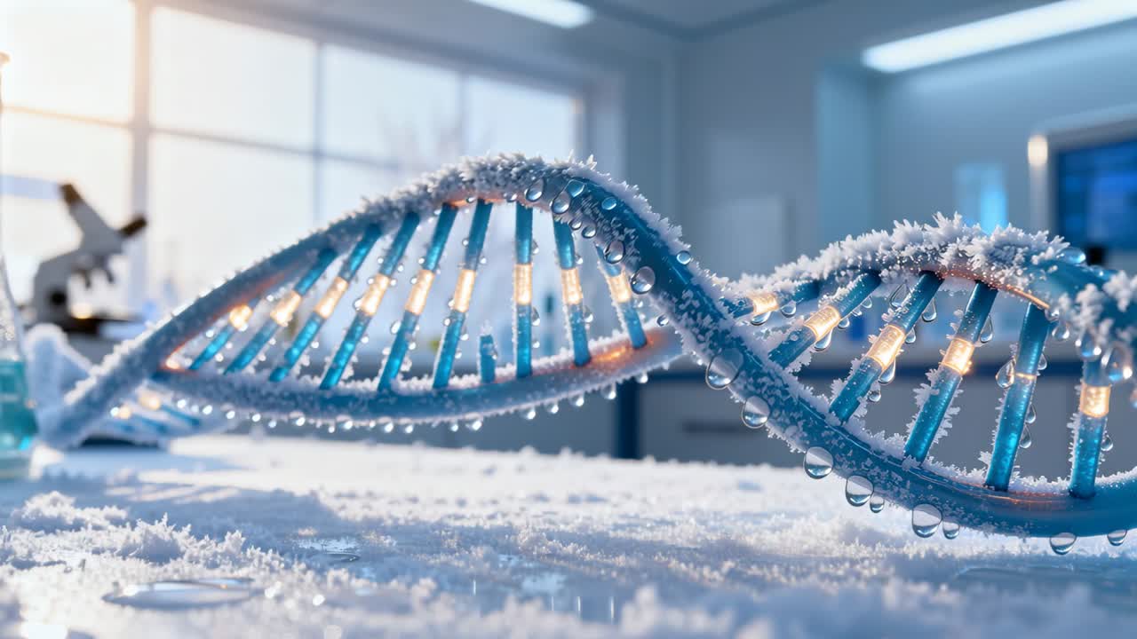 Glowing frosted DNA helix heating surfaces from lit rungs and forming droplets on strands in lab