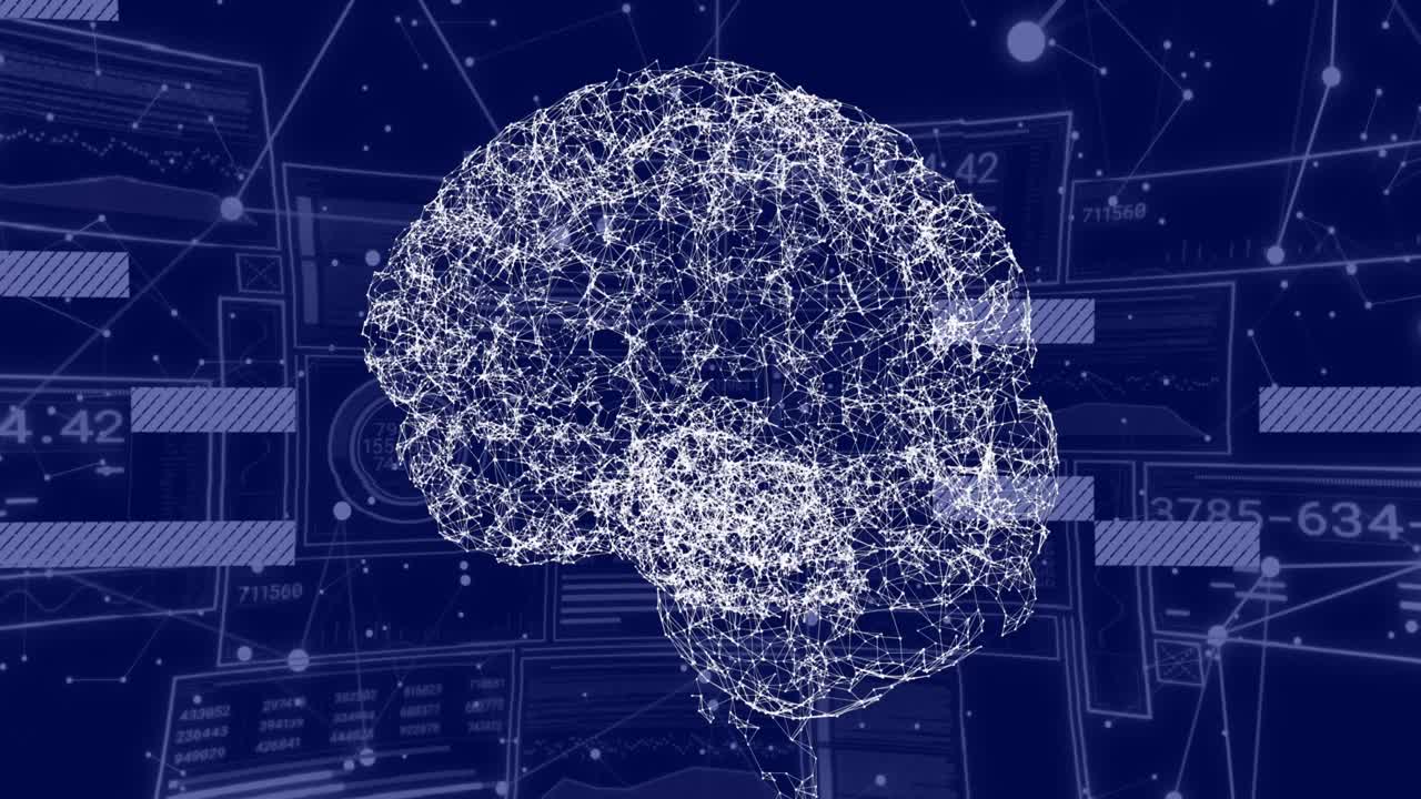 Animation of digital brain and data processing over black background
