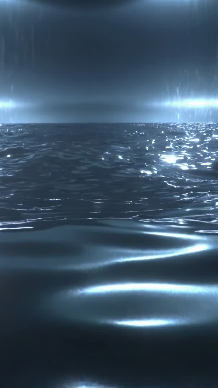 Video verticale: Superficie dell'oceano che si muove sotto vento e pioggia, creando increspature, con riflessi di luce per il film.
