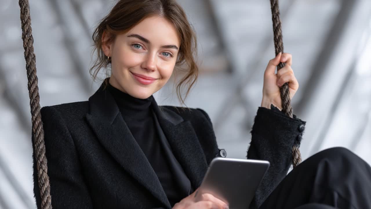 A Stylish Young Woman Seated on a Swing, Engrossed in Her Tablet, Capturing a Moment of Relaxation and Modern Elegance in a Contemporary Setting