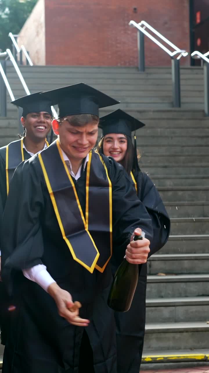 Festeggiamenti per la laurea con studenti che stappano lo champagne