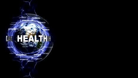 health text animation and earth, with keywords, rendering, background, loop