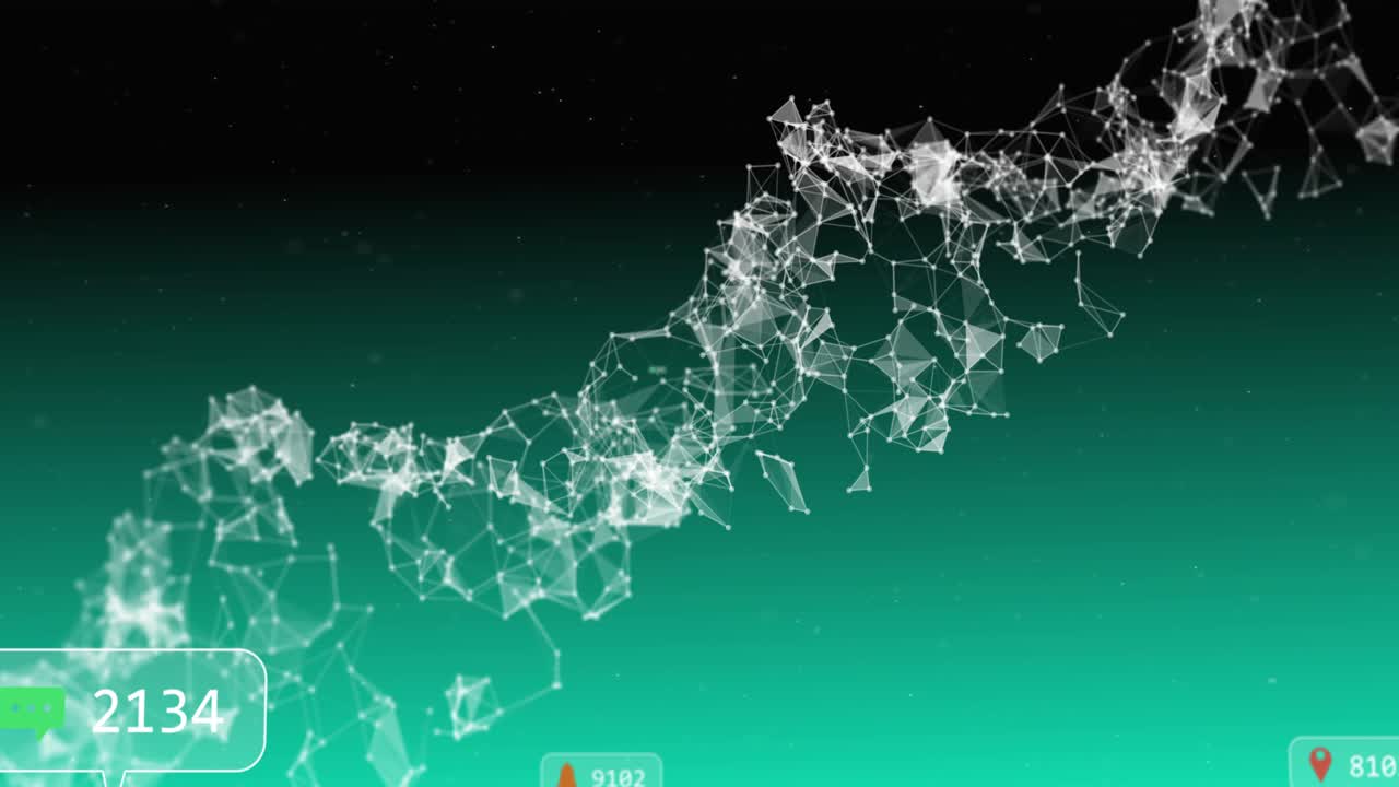 Camera panning and data pulsing driving network brightening, spawning moving IDs showing data flow