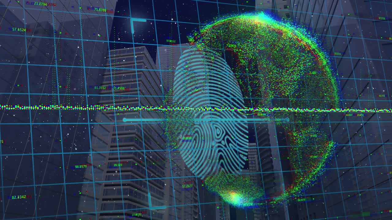 animación del globo con procesamiento de datos y huella dactilar con iconos de candado sobre el paisaje urbano