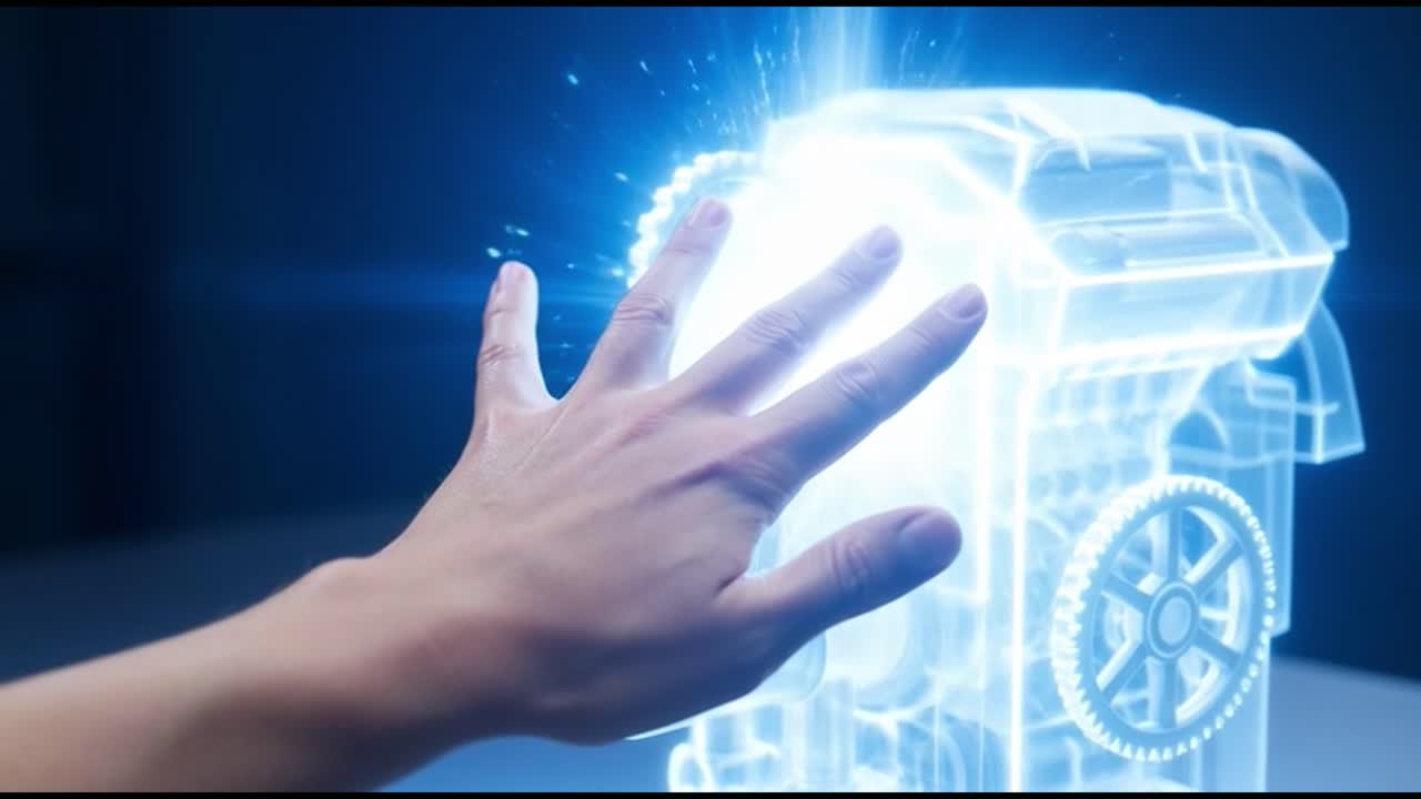 Human Hand Interacting with Futuristic Holographic Engine Model