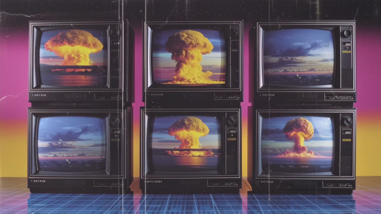 Vintage CRT TV wall displays mushroom cloud nuclear explosion scenes with VHS glitch and scanlines, 1980s synthwave aesthetic, media propaganda and apocalypse concept