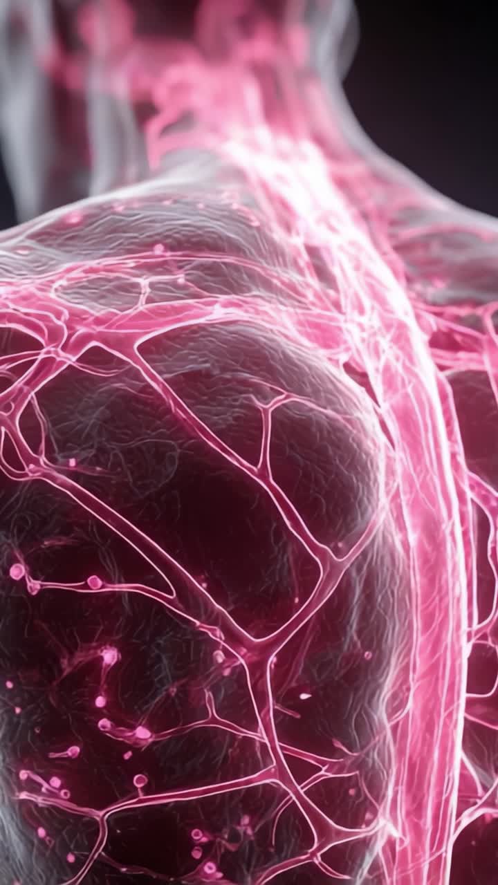 Visualizzazione intricata del sistema vascolare umano: una straordinaria esposizione di vasi e percorsi neurali evidenziati in rosa vibrante su uno sfondo scuro.