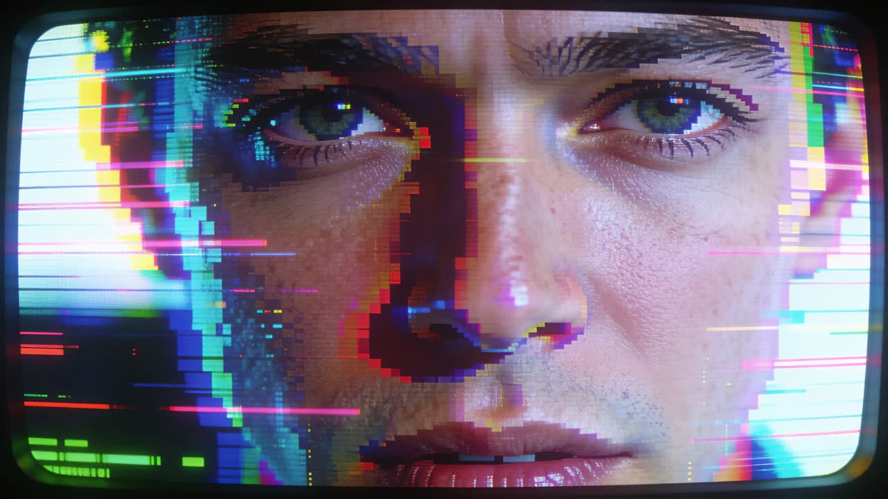 Displaying adult male face on CRT TV, colored scan lines appearing and pixel blocks sliding left