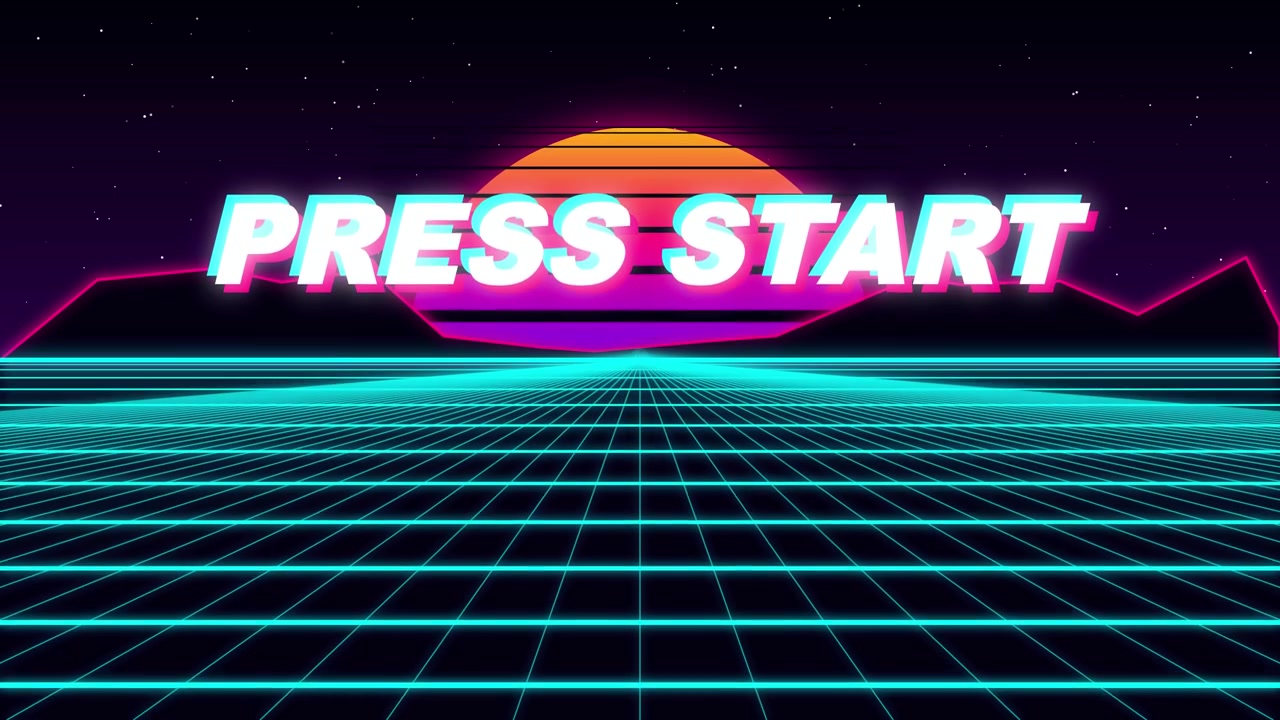 Animación Synthwave Estilo Retro de los 80 con Texto 'Press Start'