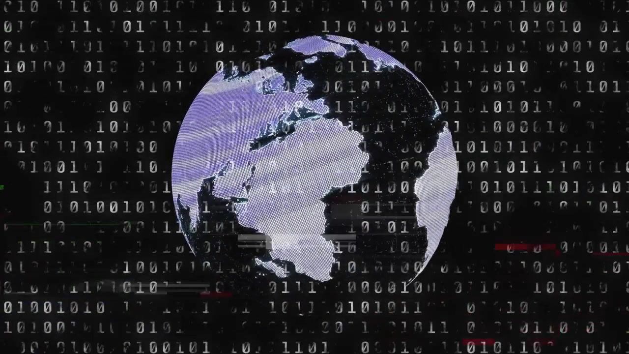 Binary streams activating purple globe rotating leftward reversing to dotted mesh glitch flickering