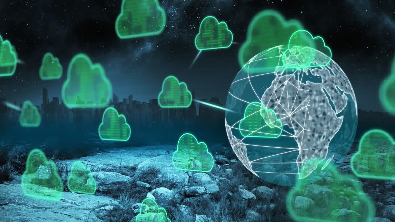 animación de iconos de nubes, globo y procesamiento de datos sobre el paisaje urbano