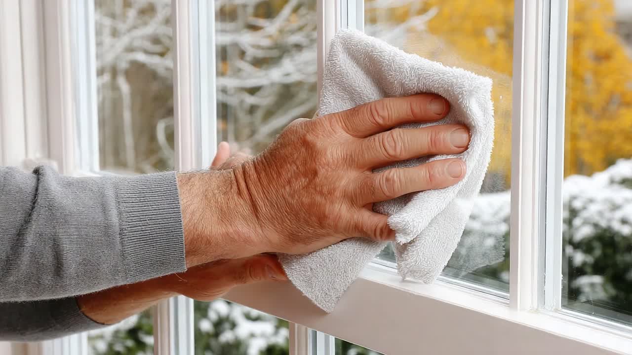 A Person Cleaning a Window Pane with a Cloth, Ensuring a Clear View During Winter with Snow Covered Landscape and Vibrant Autumn Leaves in the Background