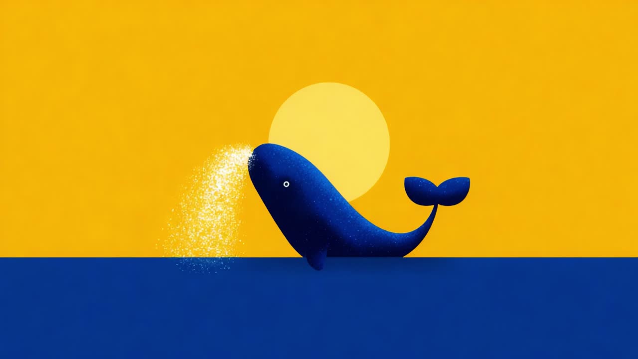 A playful blue whale joyfully spouts water against a vibrant yellow and blue background, capturing the essence of marine beauty and the tranquility of the underwater world