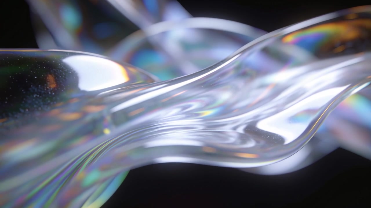 Shifting translucent ribbon sheet rippling in dark studio with glossy glints and prismatic colors
